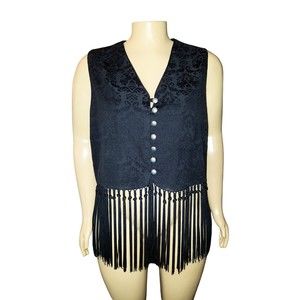 Vintage Kathryn Deene Black Floral Fringe Vest 18/20 *1 Fringe Missing in Back*